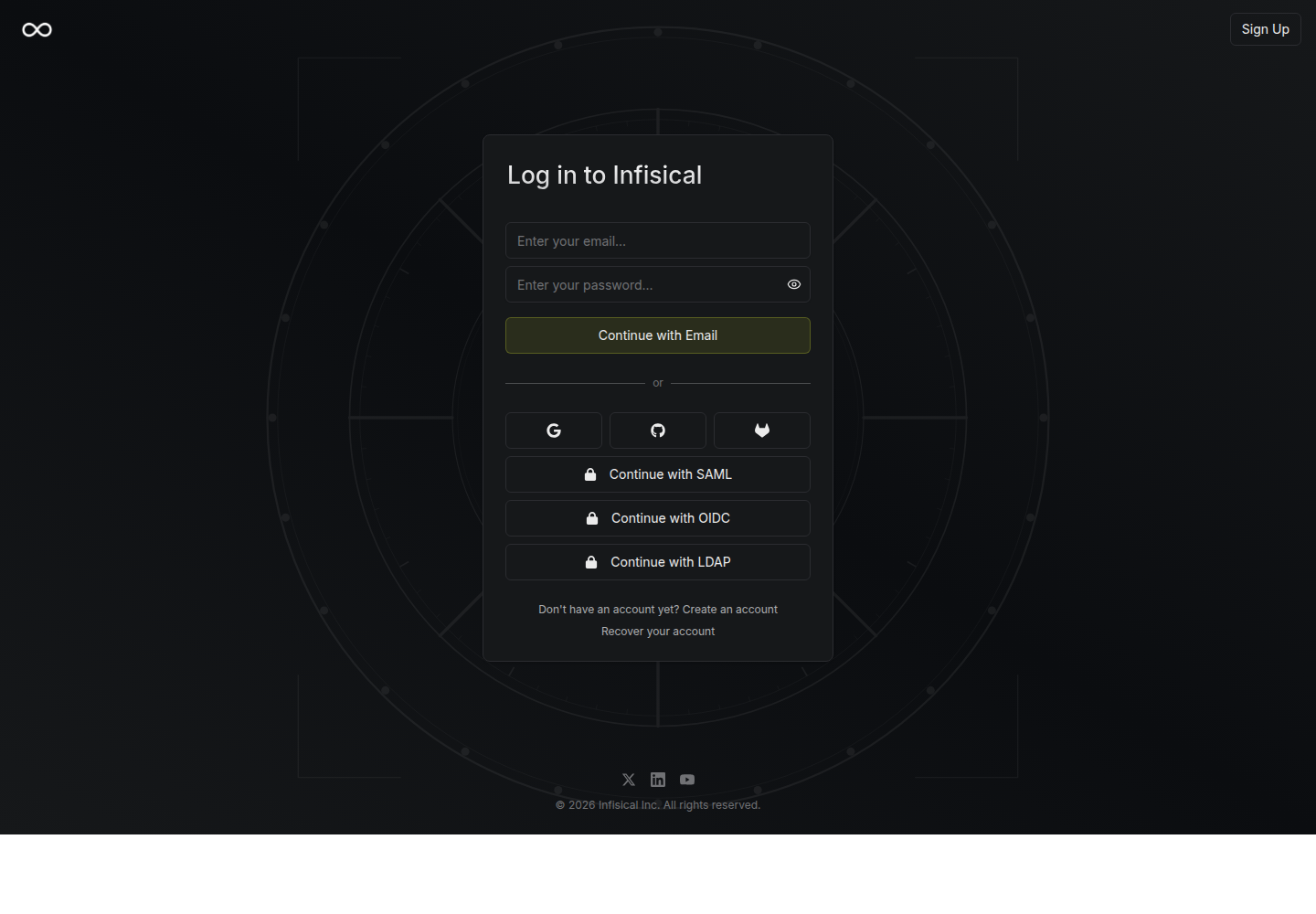 Infisical login screenshot